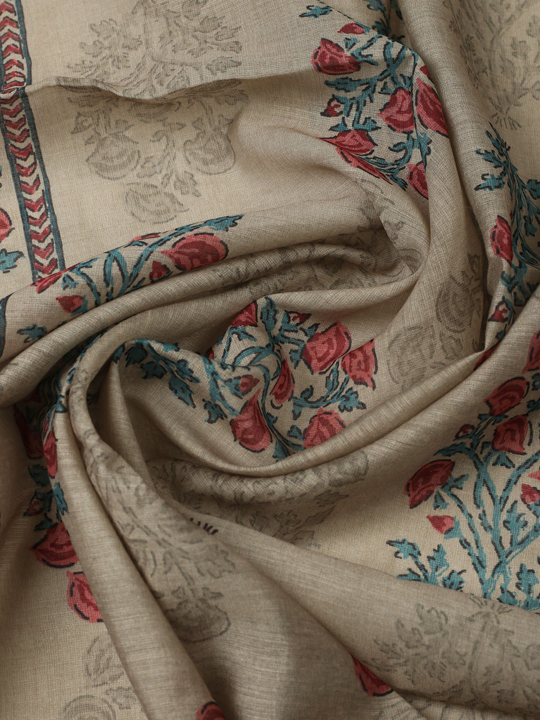 Printed Chanderi Unstitched Suit With Pant &amp; Dupatta