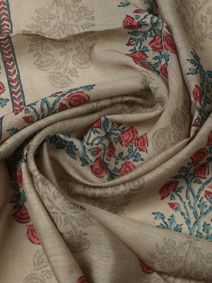 Printed Chanderi Unstitched Suit With Pant &amp; Dupatta