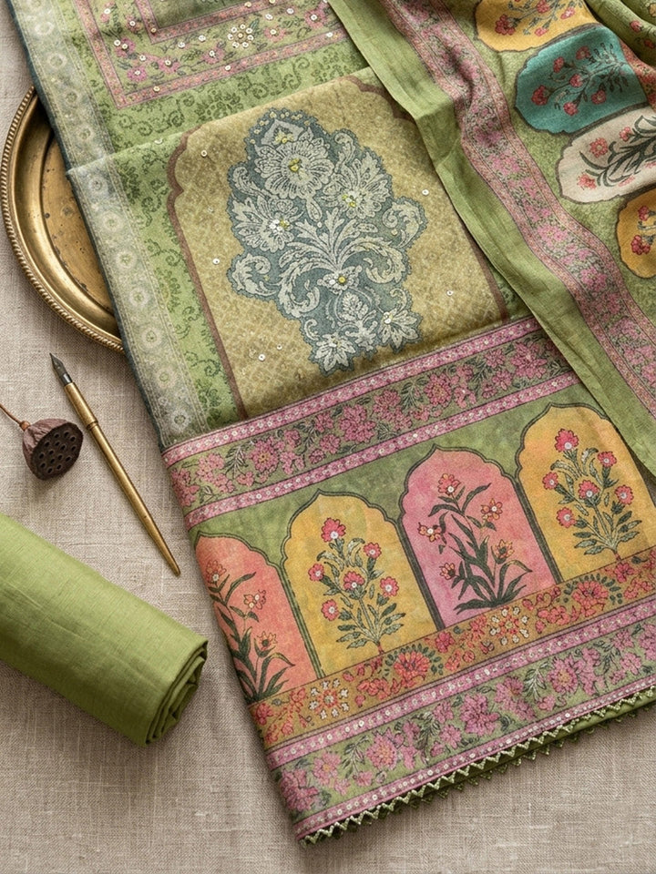 Woven Design Chanderi Unstitched Suit Pant &amp; Dupatta