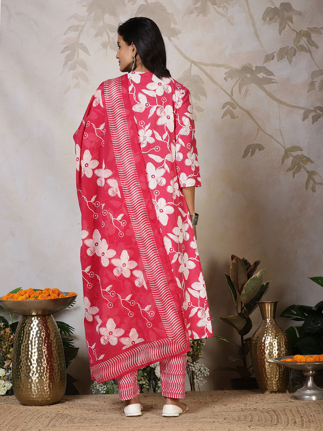 Printed Cotton Blend Kurta With Pants & Dupatta