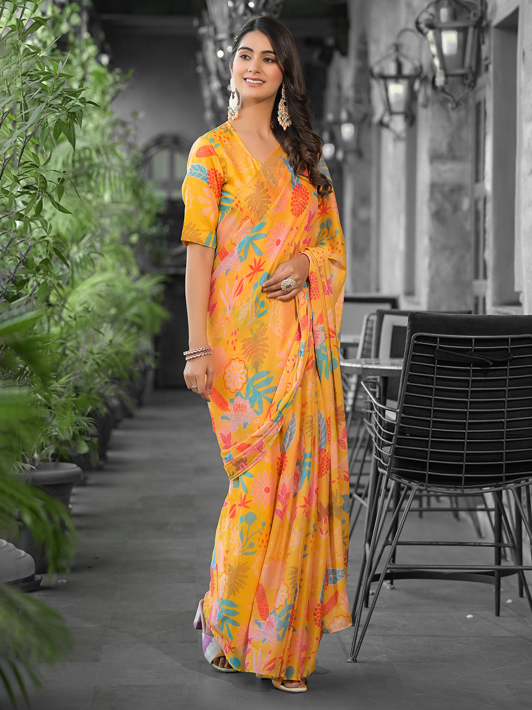 Printed Georgette Readymade Saree With Stitched Blouse