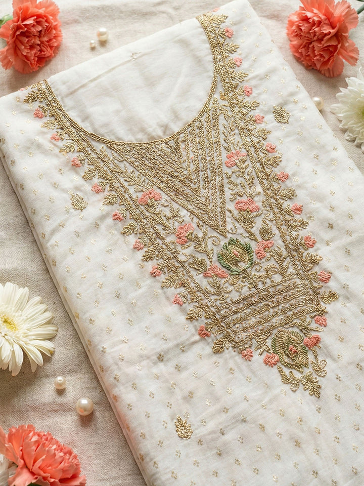 Embroidered Chanderi Unstitched Suit With Pant &amp; Dupatta