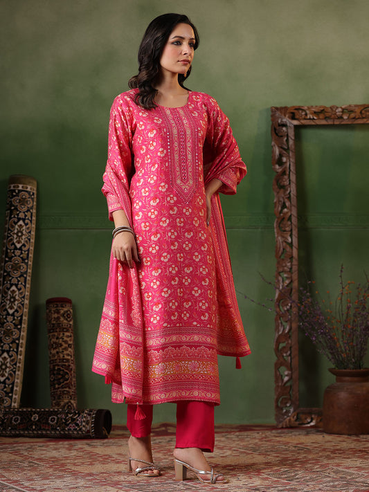 Digital Printed Cotton Blend Kurta With Pants & Dupatta