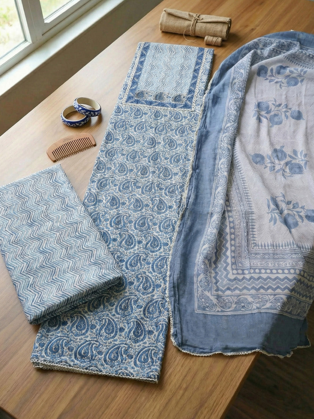 Embroidered Cotton Blend Unstitched Suit With Pant &amp; Dupatta