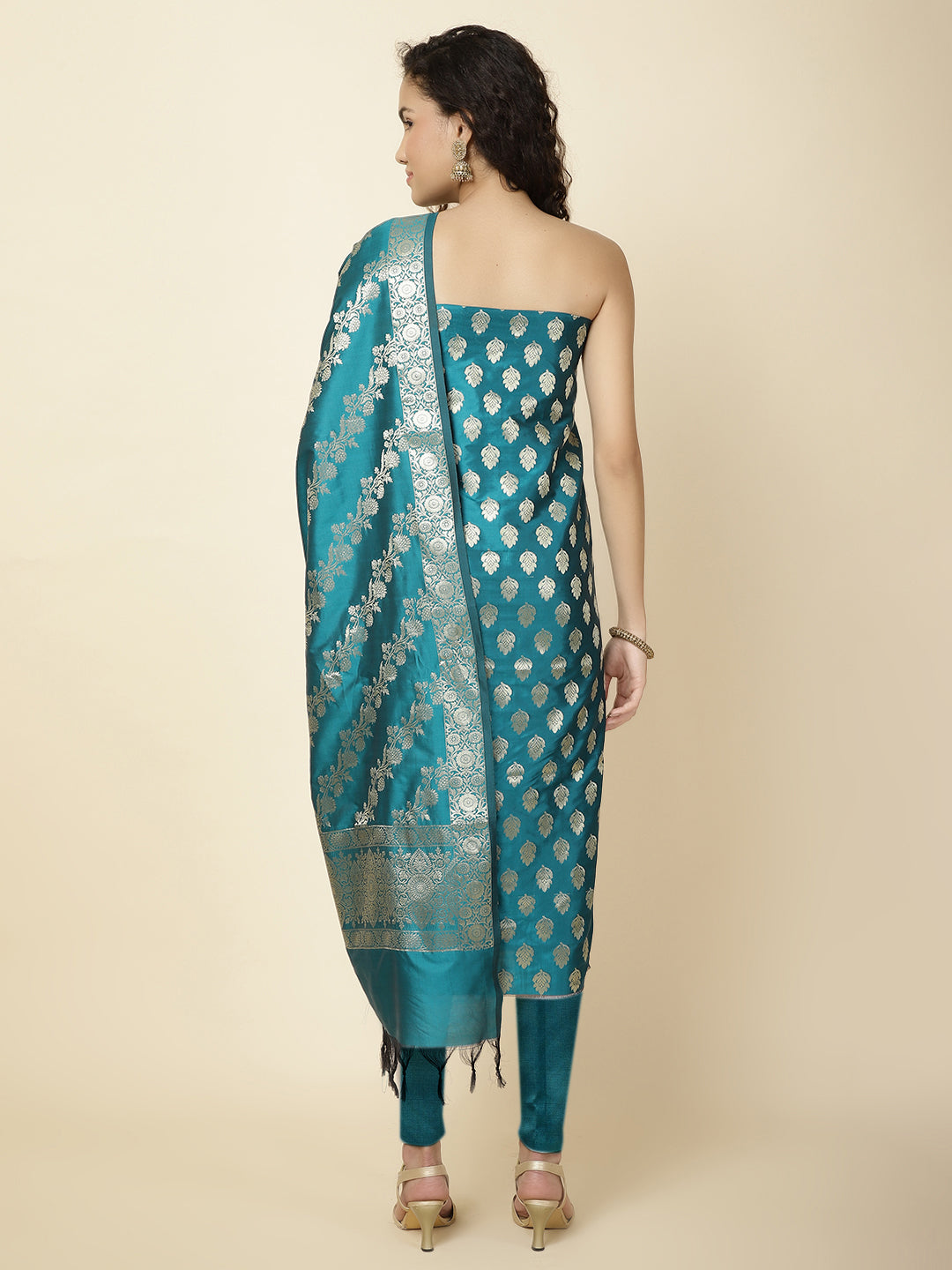 Woven Banarasi Chanderi Unstitched Suit With Dupatta