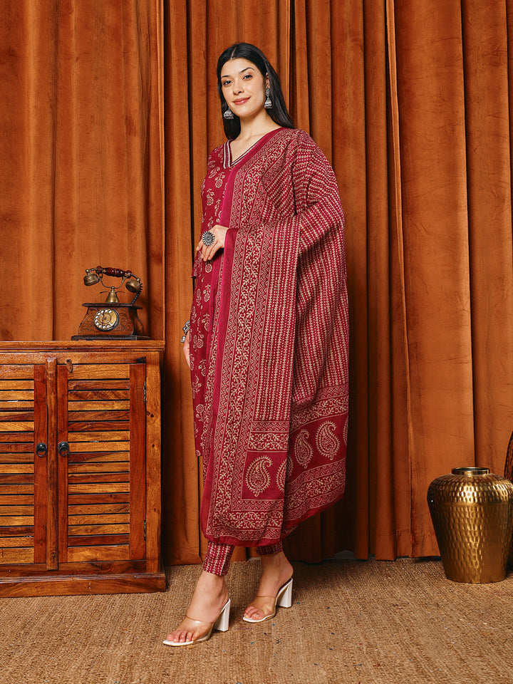 Printed Cotton Blend Kurta With Pants &amp; Dupatta
