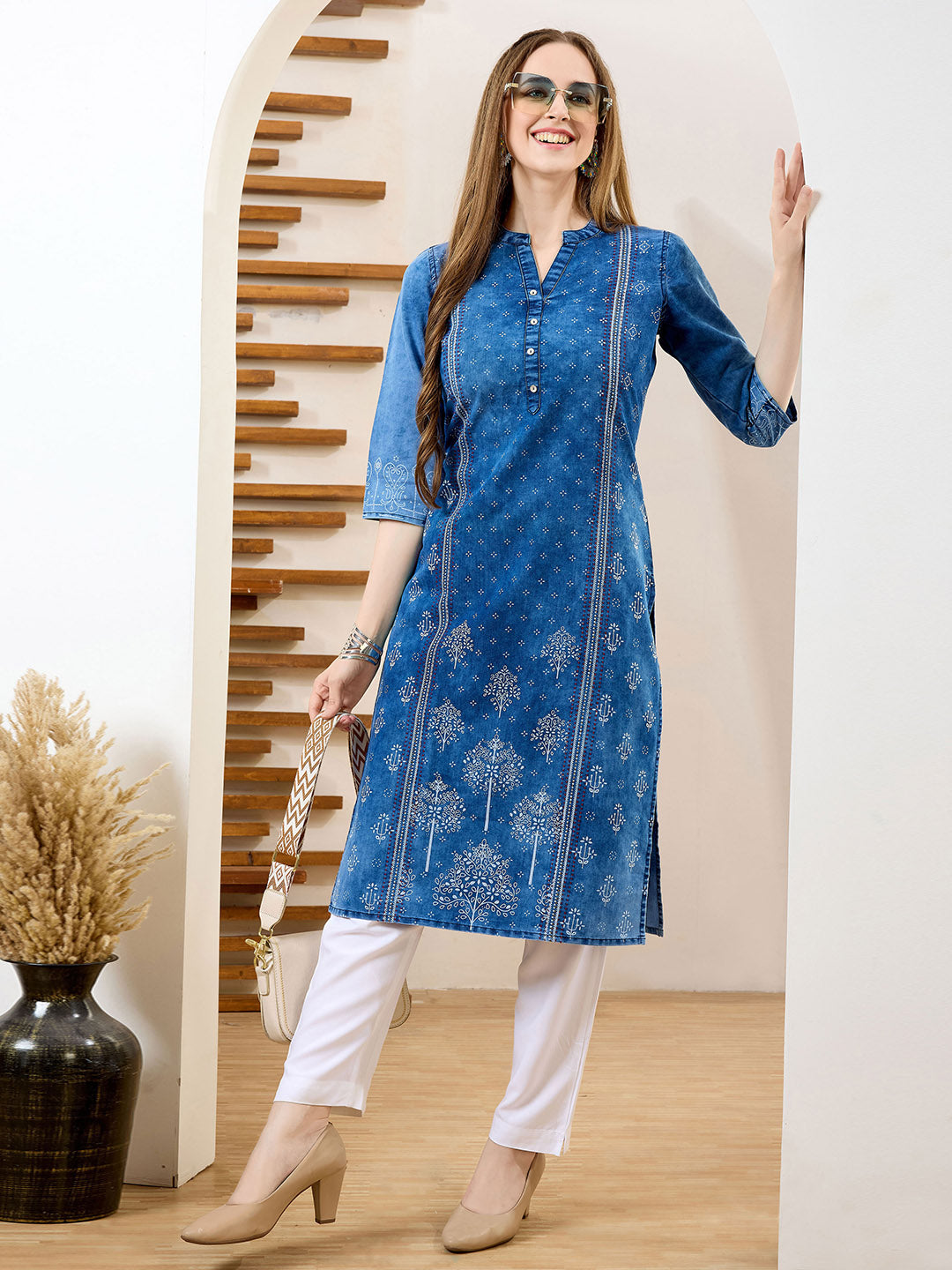 Neck Embroidered Denim Kurta