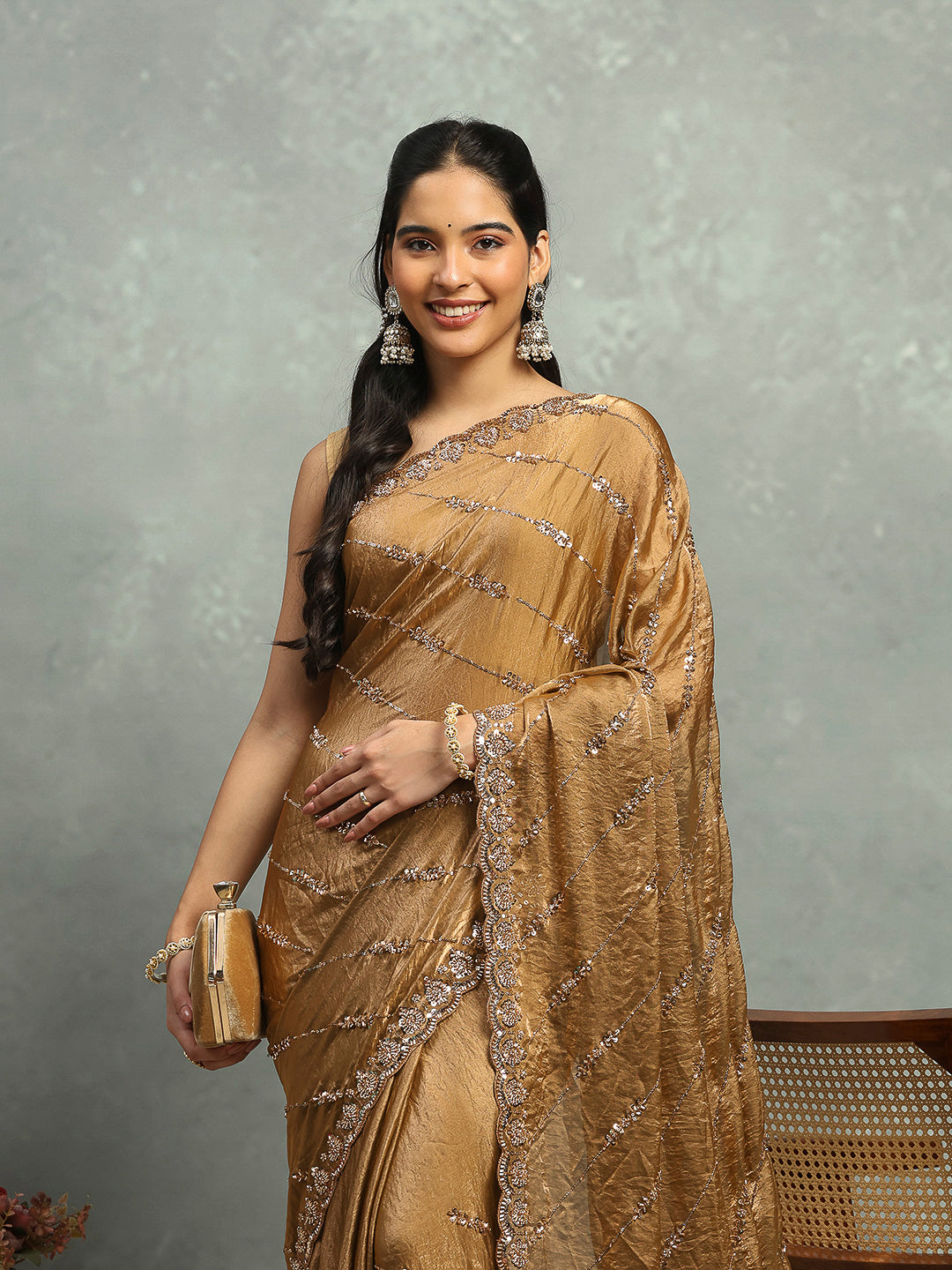 Stone &amp; Cut Work Embellished Organza Saree