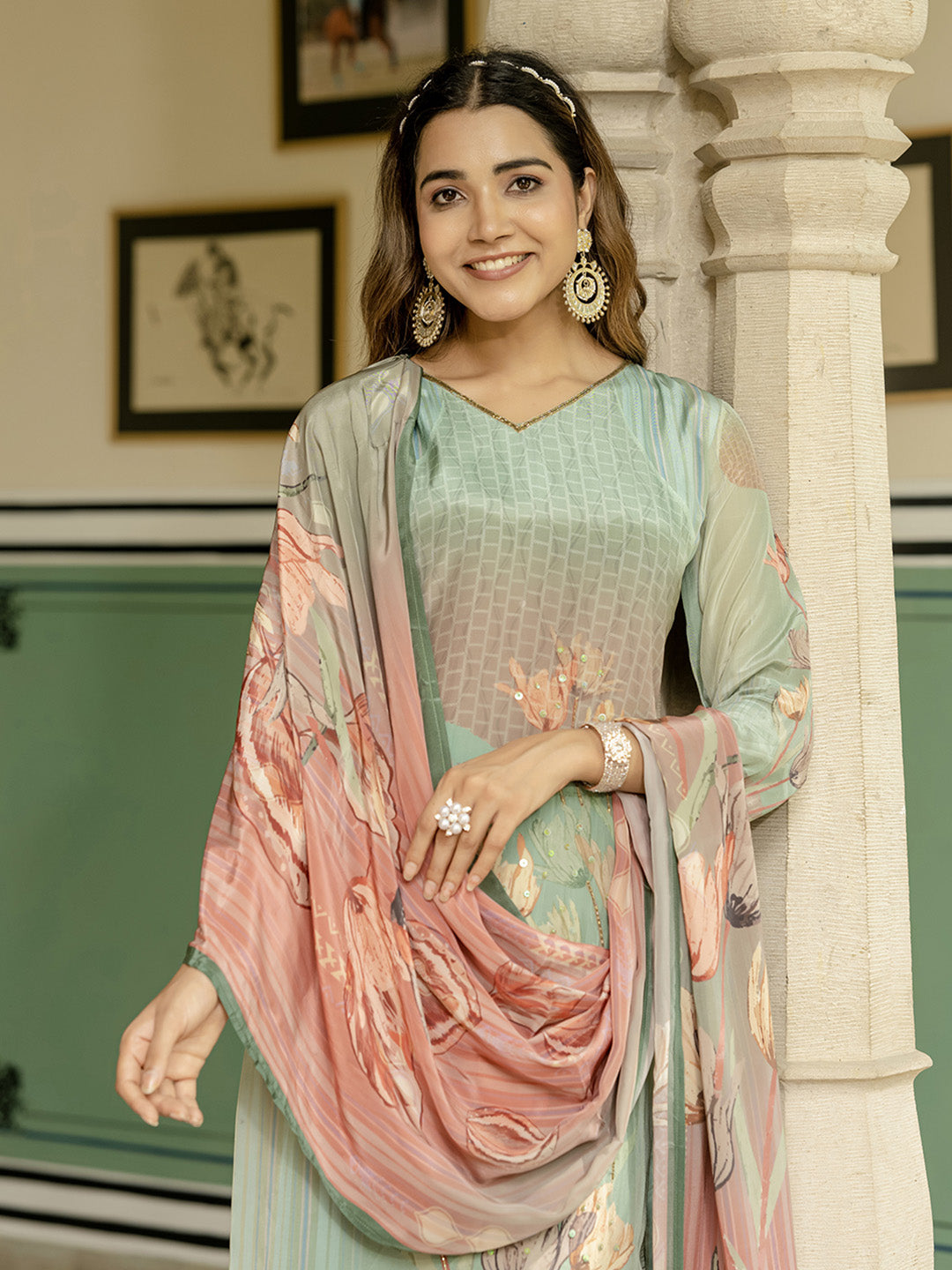 Printed Crepe Kurta With Pant &amp; Dupatta