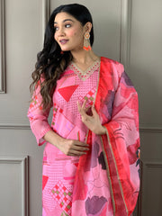 Floral Printed Organza Kurta With Pants & Dupatta