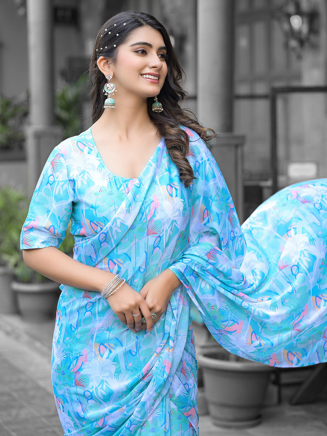 Printed Georgette Readymade Saree With Stitched Blouse