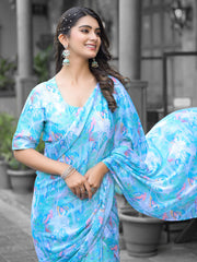 Printed Georgette Readymade Saree With Stitched Blouse