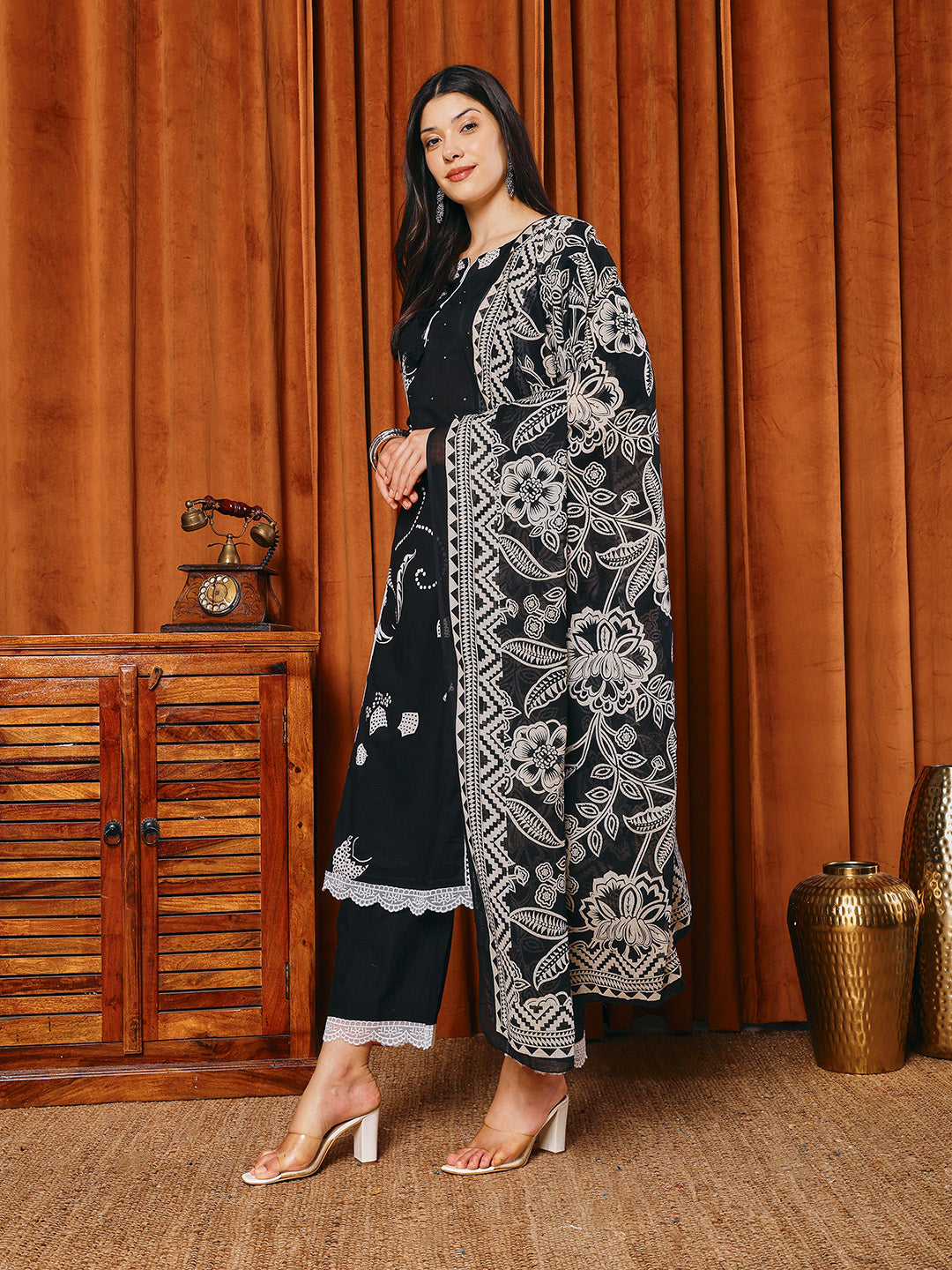 Printed Cotton Blend Kurta With Pants & Dupatta