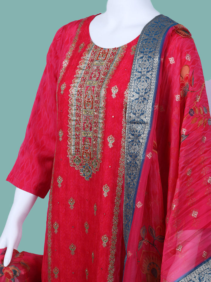 Bandhani Printed Organza Kurta With Pants &amp; Dupatta