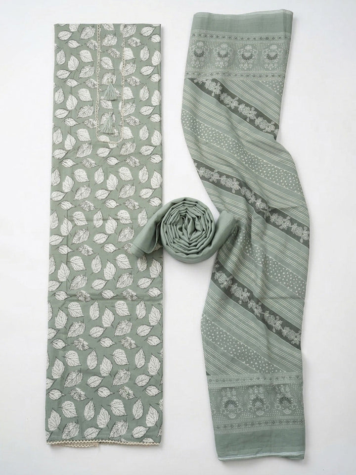Printed Cotton Blend Unstitched Suit With Pant &amp; Dupatta