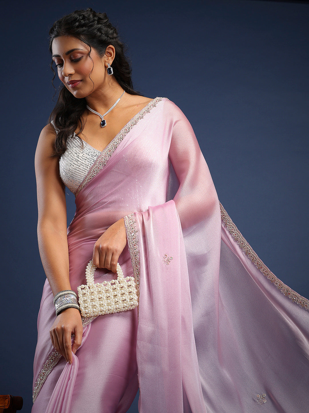 Stone &amp; Thread Embroidered Organza Saree