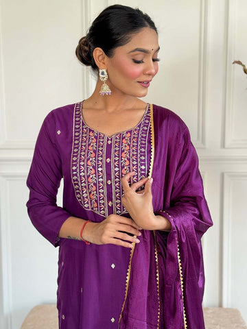 Resham Embroidered Cotton Blend Kurta With Pant & Dupatta