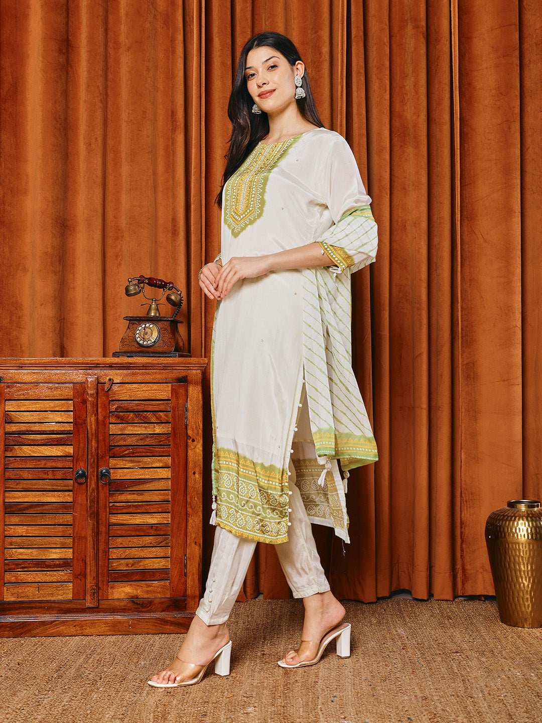 Bandhani Printed Crepe Kurta With Pants &amp; Dupatta