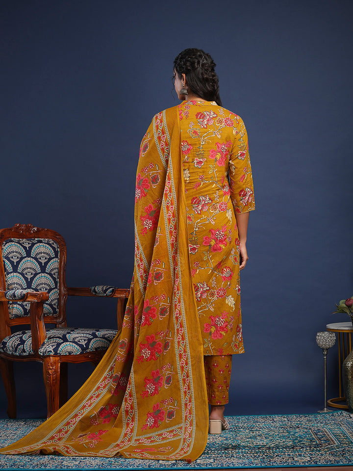 Mustard Cotton Blend Printed A Line Suit Set