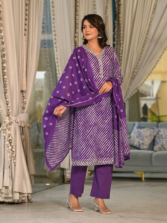 Leheriya Printed Cotton Suit Set With Dupatta