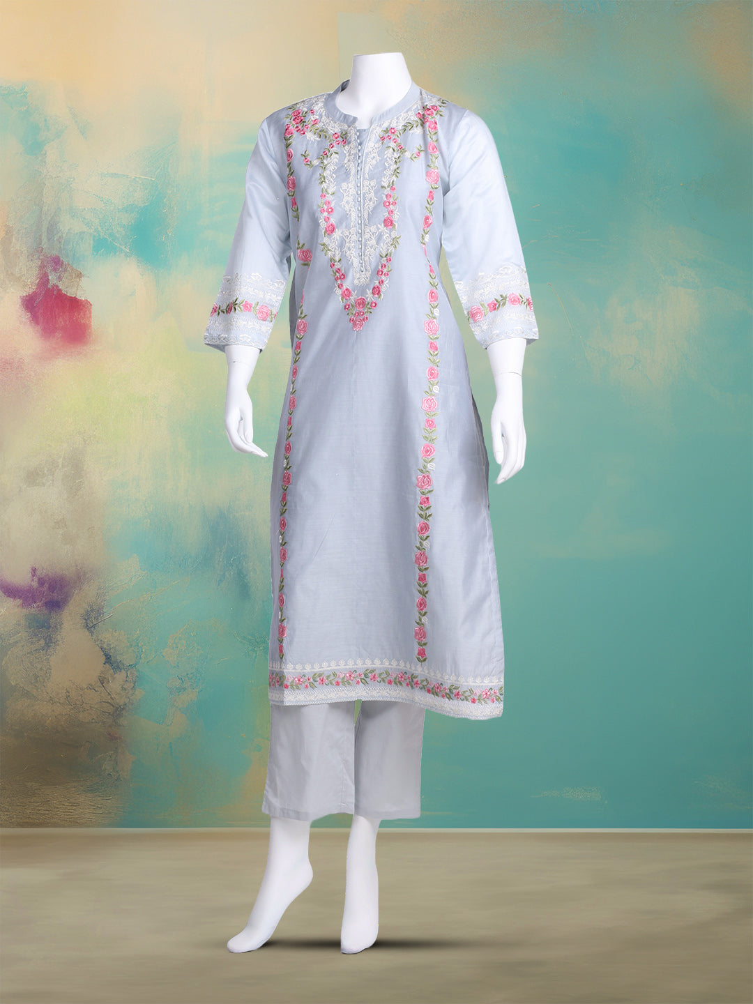 Embroidered Chanderi Kurta With Pant &amp; Dupatta