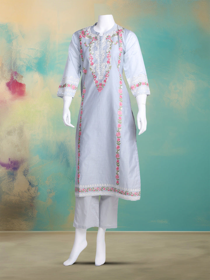 Embroidered Chanderi Kurta With Pant &amp; Dupatta