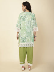 Printed & Panel Embroidery Cotton Kurta With Pants