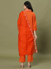 Neck Embroidered Cotton Blend Kurta With Pant & Dupatta