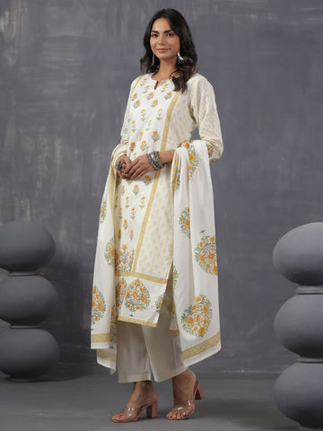 Digital Floral Printed Cotton Blend Kurta With Pants & Dupatta