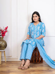 Embroidered Cotton Blend Kurta With Pant & Dupatta