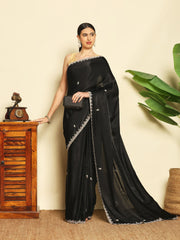 Thread Embroidered Chinnon Saree