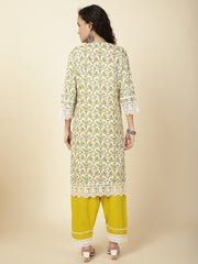 Printed & Panel Embroidery Cotton Kurta With Pants