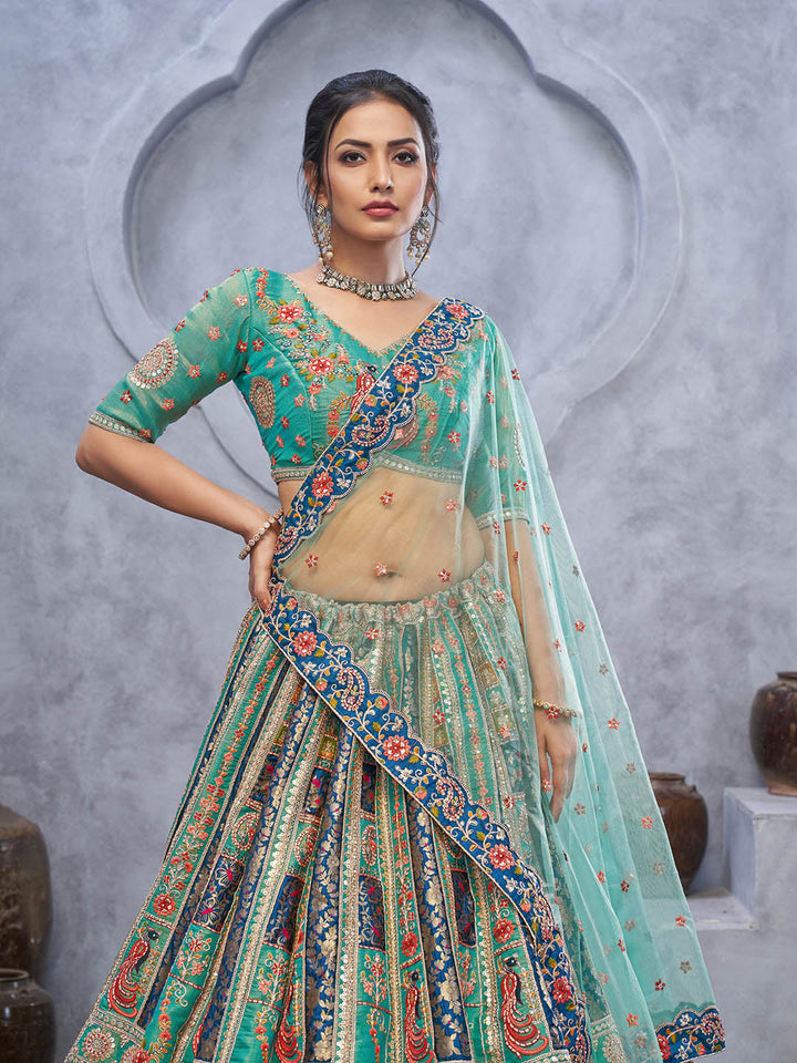 Resham Embroidery Tissue Unstitched Choli With Lehenga &amp; Dupatta