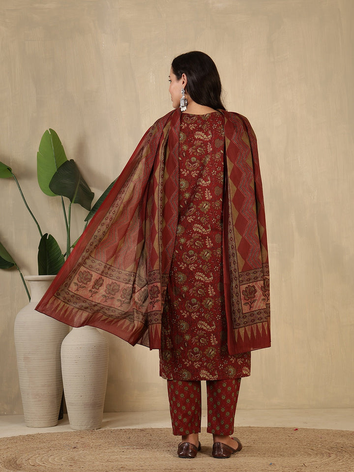 Printed Cotton Blend Suit With Pant &amp; Dupatta