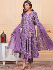 Printed Cotton Blend Kurta With Pants & Dupatta