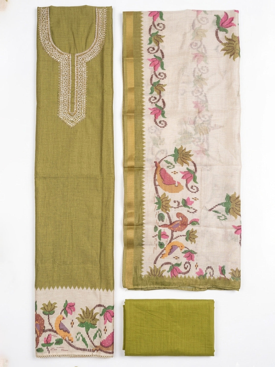 Embroidered Chanderi Unstitched Suit With Pant &amp; Dupatta