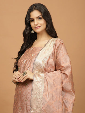 Woven Banarasi Chanderi Unstitched Suit With Dupatta