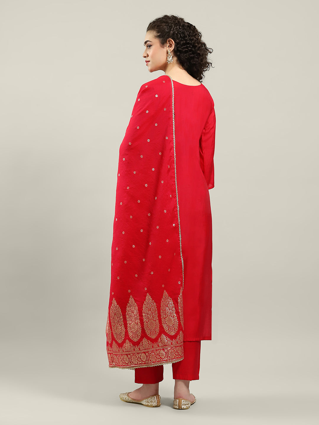 Embroidered Cotton Blend Kurta With Pants & Dupatta