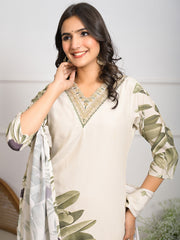 Neck Embroidered Crepe Kurta With Pants & Dupatta