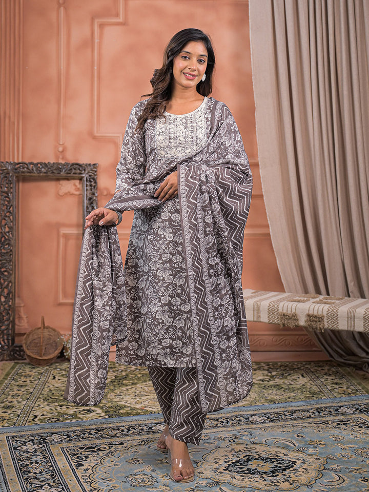 Printed Cotton Kurta With Pant &amp; Dupatta