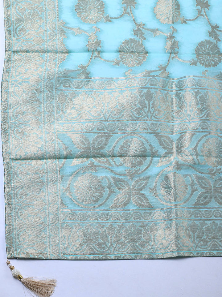 Embroidered Chanderi Unstitched Suit With Pant &amp; Dupatta