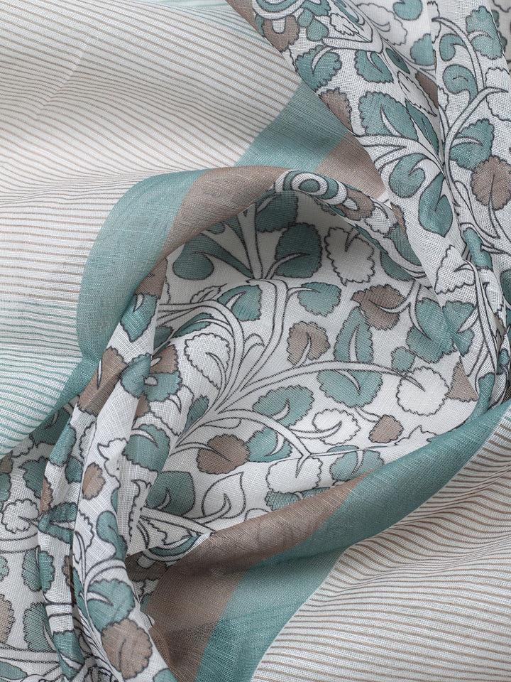 Printed Linen Blend Unstitched Suit With Pant &amp; Dupatta