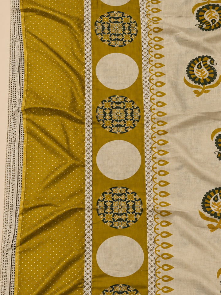 Beige Cotton Blend Embroidered Unstitched Dress Material