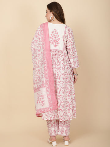 Floral Block Printed Cotton Kurta With Pants & Dupatta