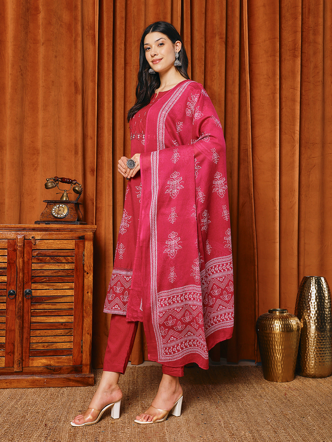 Printed Cotton Blend Kurta With Pants & Dupatta