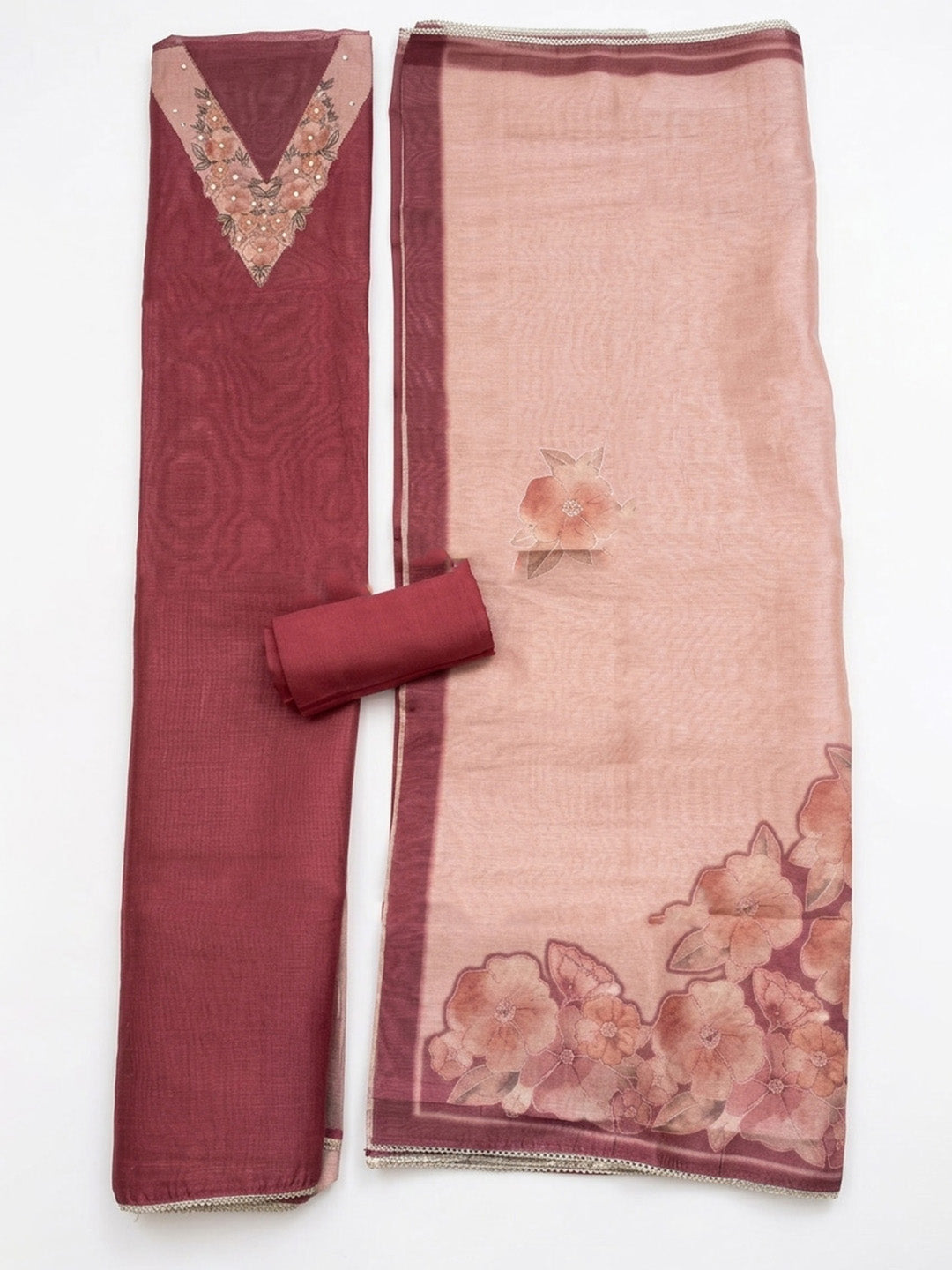 Embroidered Chanderi Unstitched Suit With Pant &amp; Dupatta