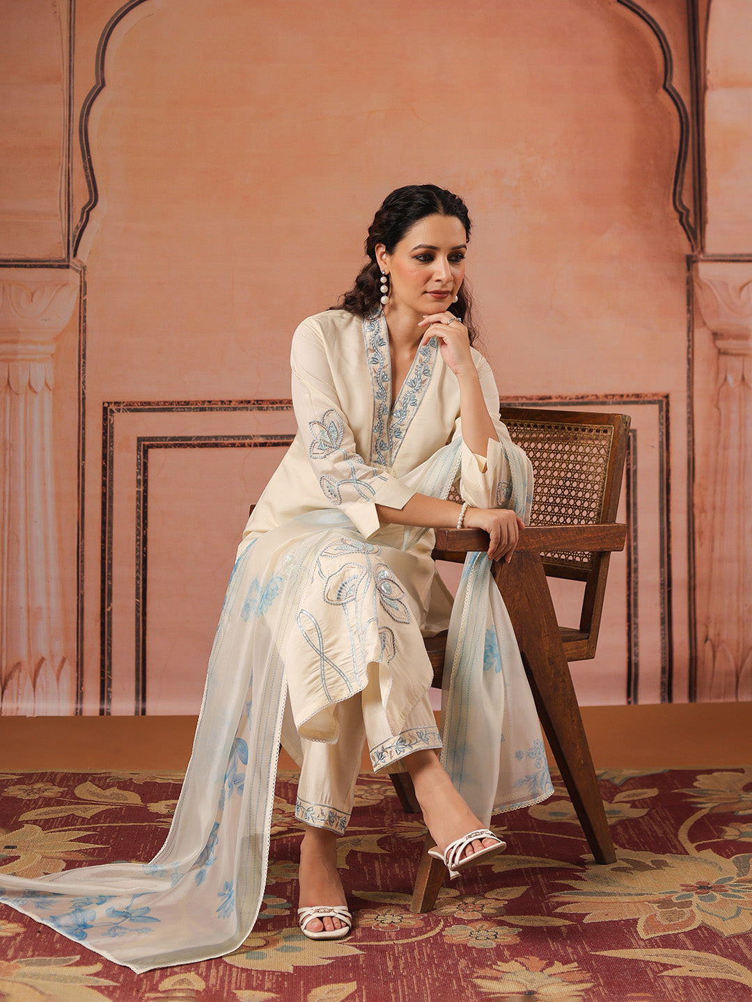 Embroidered Cotton Kurta With Pant &amp; Dupatta