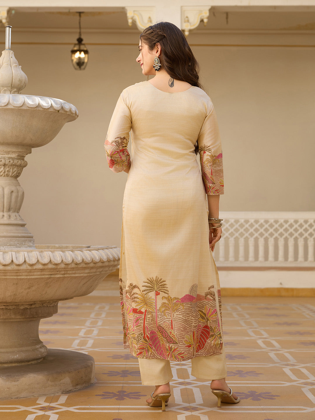 Embroidered Cotton Blend Kurta With Pants &amp; Dupatta