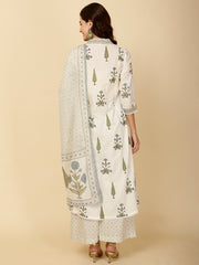 Block Printed Cotton Kurta With Palazzo & Dupatta