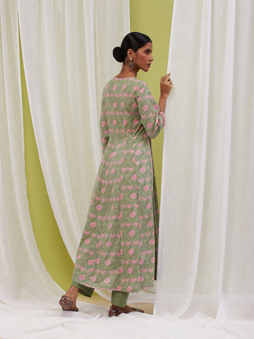 Floral Printed Cotton Anarkali Kurta With Pants